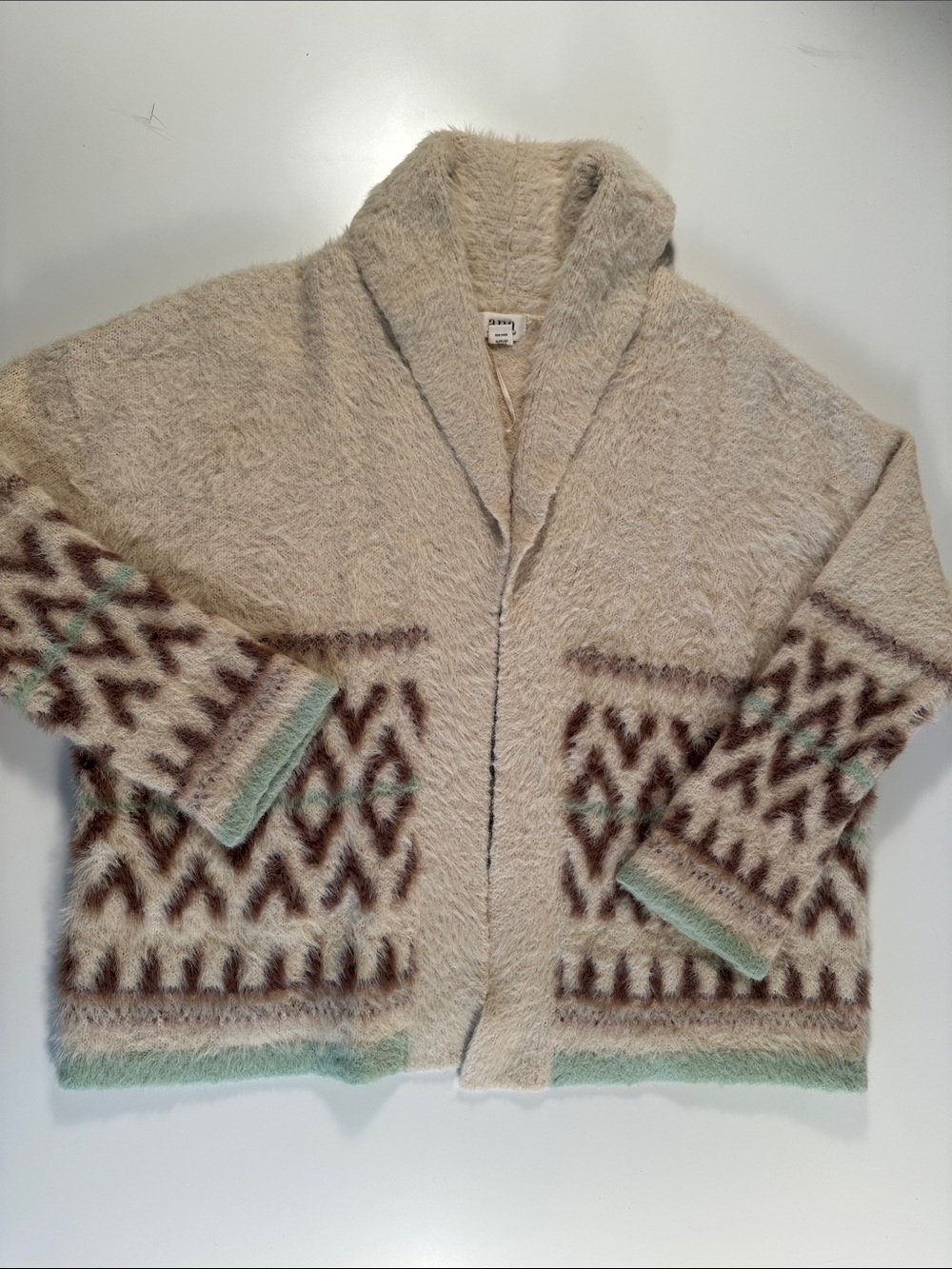 a.n.a Beige Shawl Collar Cardigan with Brown & Mint Pattern